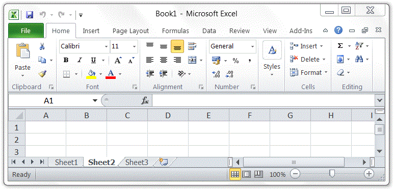 The sections of an Excel 2010 progra screen
