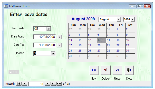 select dates for annual leave using the access calendar control